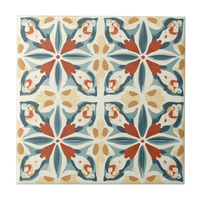 Carreau Blue Yellow and Rust Pattern Ceramic Tile (Devant)