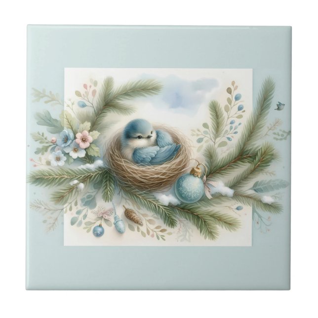 Carreau Bluebird Nest with Ornaments in Winter Pines (Devant)