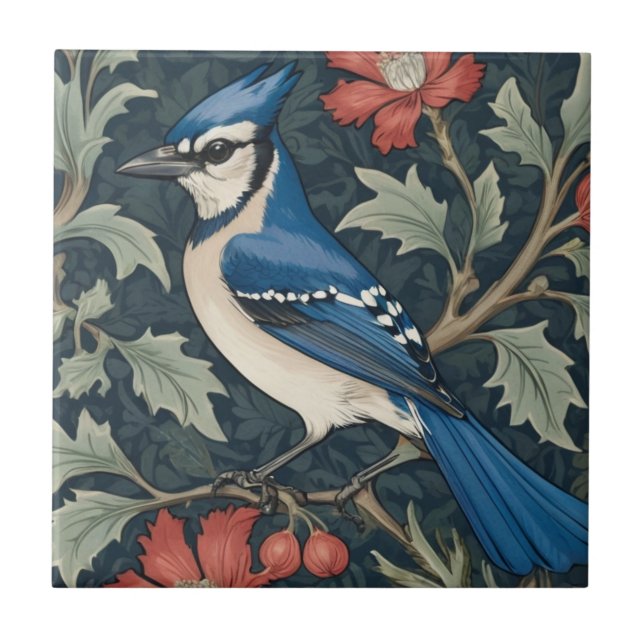 Carreau Bluejay Bird William Morris style Left Blue Jay (Devant)