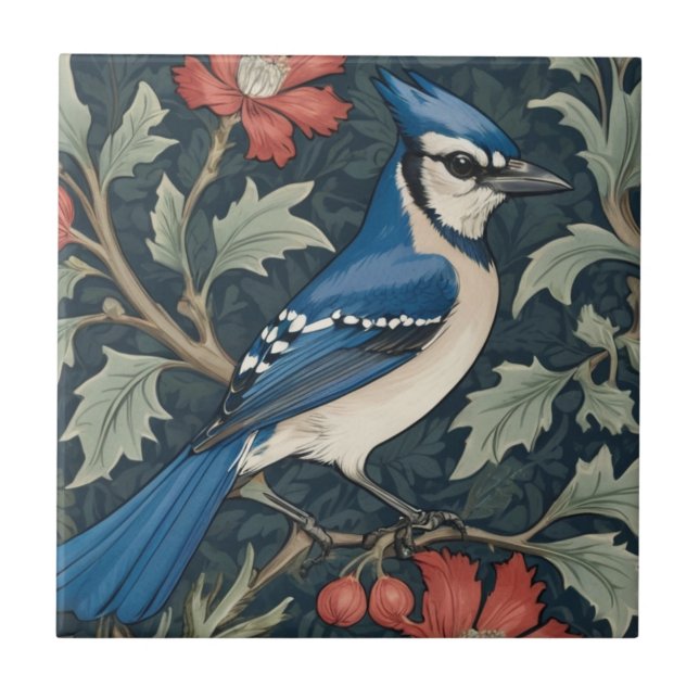 Carreau Bluejay Bird William Morris style Right Blue Jay (Devant)