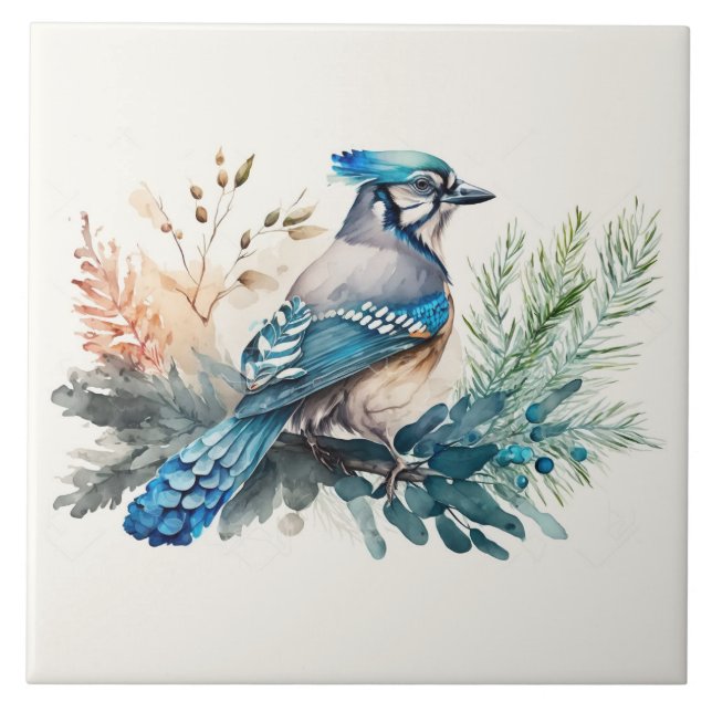 Carreau Bluejay Sur Une Aquarelle De Branche (Devant)