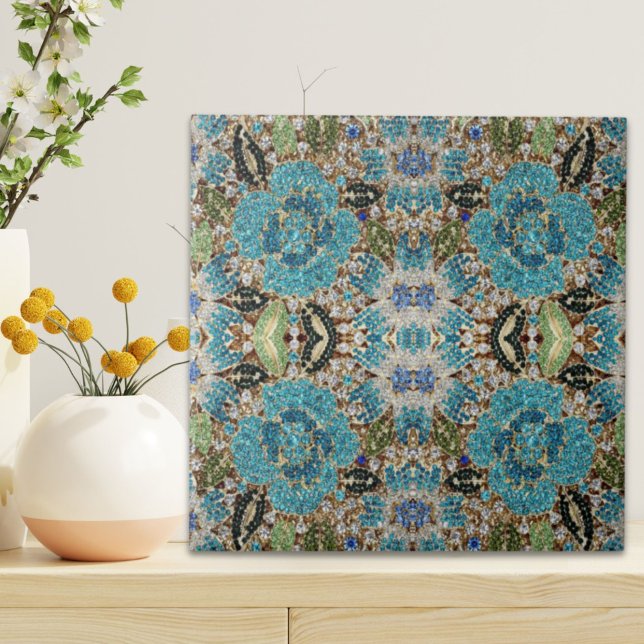 Carreau bohème girly chic argent turquoise fleur bleu (bohemian girly chic silver turquoise blue flower ceramic tile)