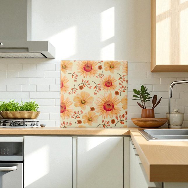 Carreau Boho Botanique Aquarelle Crème orange Floral (Créateur téléchargé)