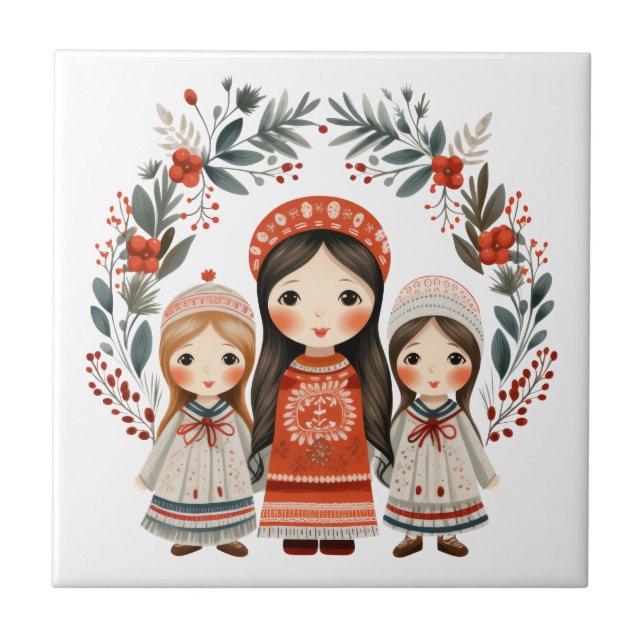 Carreau Boho Christmas Girls Scandinavian Folk Art (Devant)