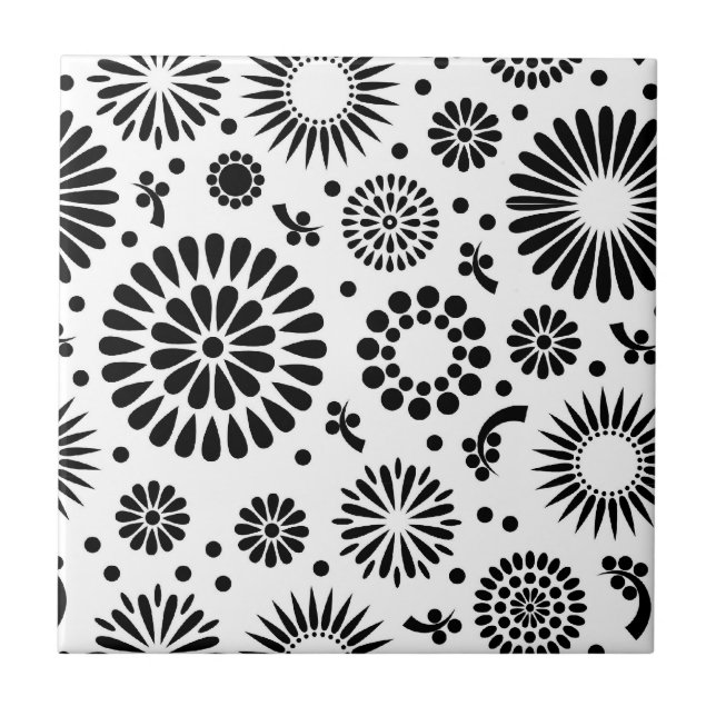 Carreau Boho fleurs Motif floral vectoriel noir et blanc (Devant)