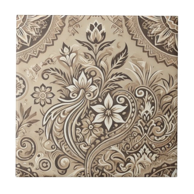 Carreau Boho ivoire Indonésie Batik Aquarelle Florale (Devant)