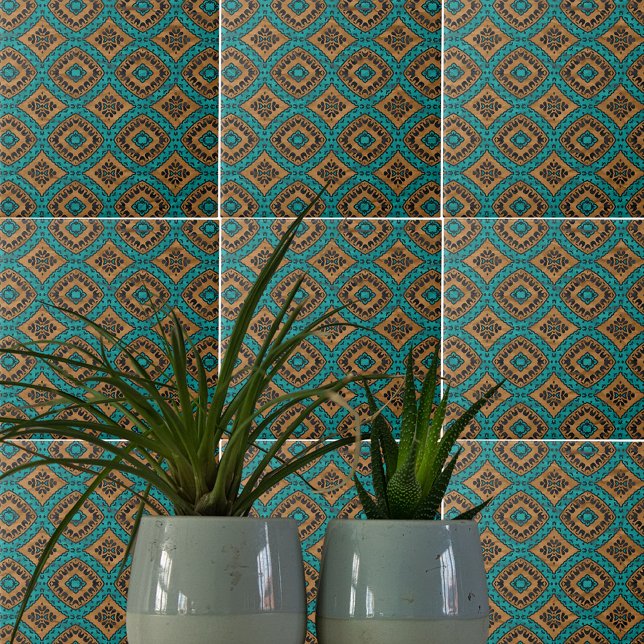 Carreau Boho Marocain Turquoise Et Motif De Bronze (Créateur téléchargé)
