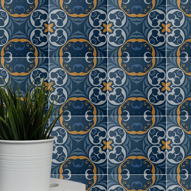 Carreau Boho méditerranéen bleu foncé et Motif or orange (Créateur téléchargé)