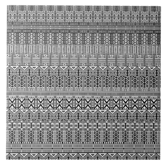 Carreau Boho moderne Motif noir et blanc Bandes Doodles (Devant)