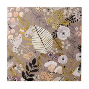 Carreau Boho noir blanc ligne de pêche or tiré feuille flo
