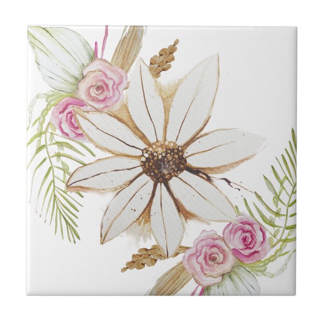 Carreau Boho rose vert blanc Brown Floral Décor (Devant)