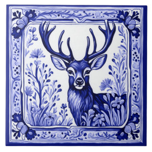 Carreau Bois Cerf Bleu et Blanc Folk Art animal