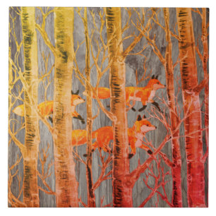 Carreau Bois de cuivre Fox sur pierre grise Automne Batik 