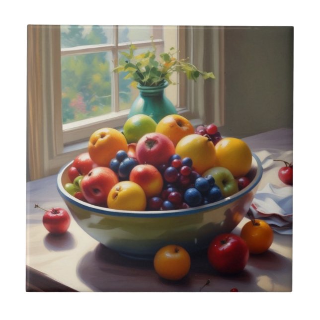 Carreau Bol de fruit sur table peinture à l'huile classiqu (Devant)
