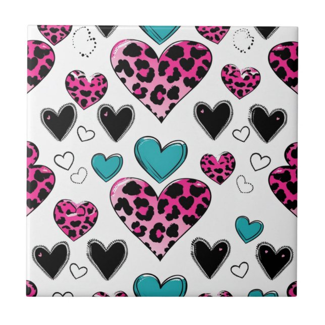 Carreau Bold Leopard Heart Love – Pink, Black & Teal (2) (Devant)