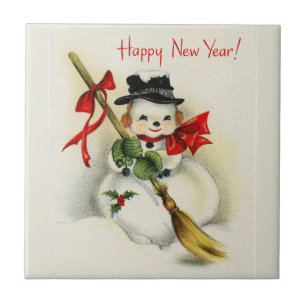 Carreau Bonhomme de neige vintage de bonne année