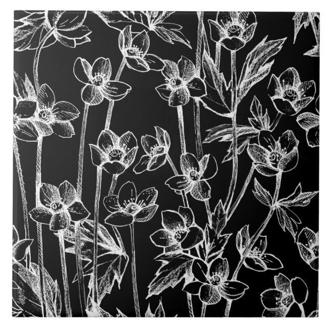 Carreau Botanique florale noire et blanche  (Devant)