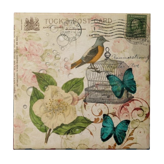 Carreau botanique français d'oiseau floral minable (Devant)