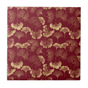 Carreau Botanique Or Luxueux en Rouge pour un Style Chic