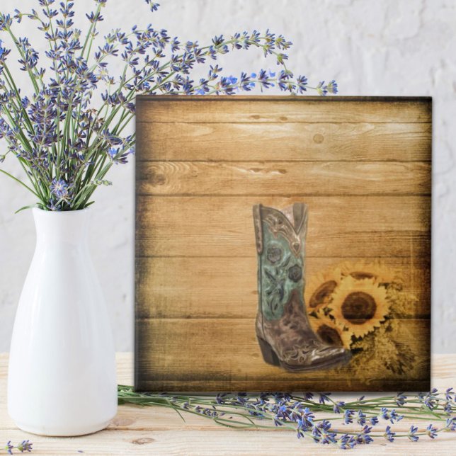 Carreau Botte de tournesol de l'Ouest patiné (Weathered Western Country sunflower cowboy boot Tile)
