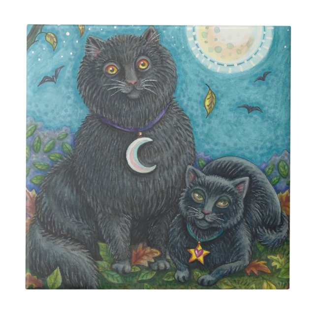 CARREAU BOUBO & PYEWACKET CHATS NOIRS, HALLOWEEN FOLK ART (Devant)