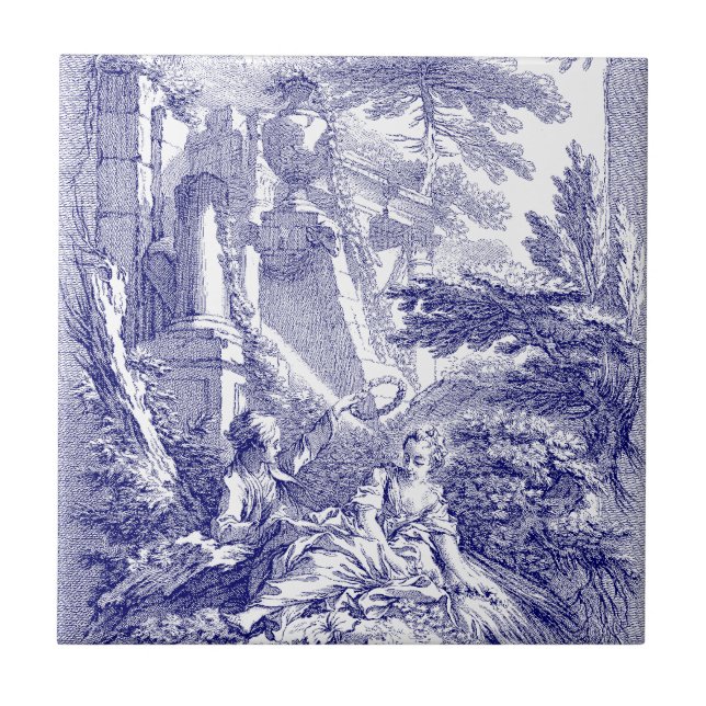 Carreau Boucher baroque Rococo Pastorale Bleu & Blanc (Devant)