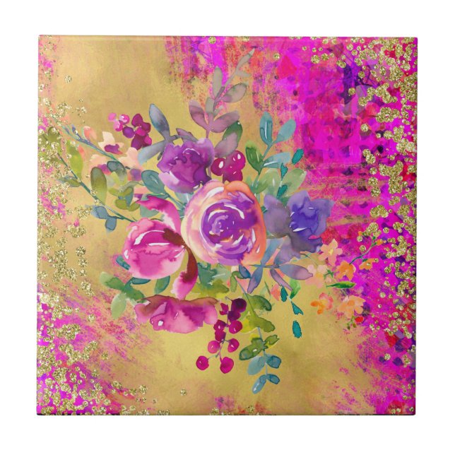 Carreau Bouquet de fleurs d'aquarelle sur framboise rose (Devant)