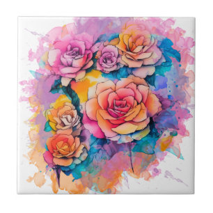Carreau Bouquet de roses à taches de peinture aquarelle mo