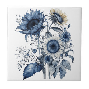 Carreau Bouquet de tournesols de style Delft bleu et blanc