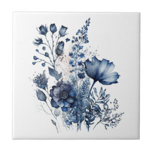 Carreau Bouquet fleur sauvage de style Delft bleu et blanc