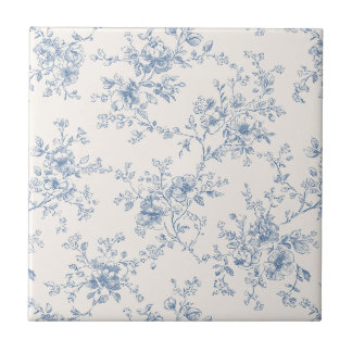 Carreau Bouquet Floral Toile Bleu Crème Botanique Vintage