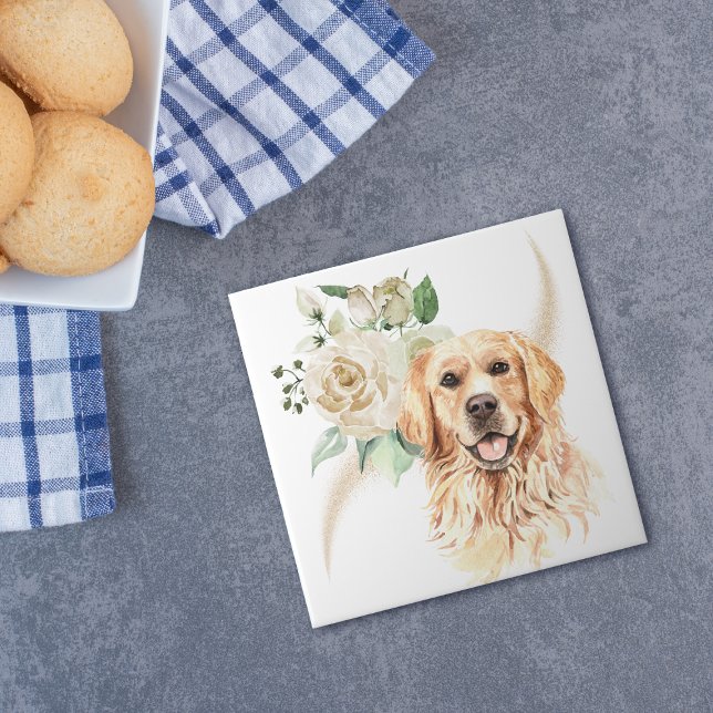 Carreau Bouquet Rose blanche Golden Retriever Chien (Créateur téléchargé)