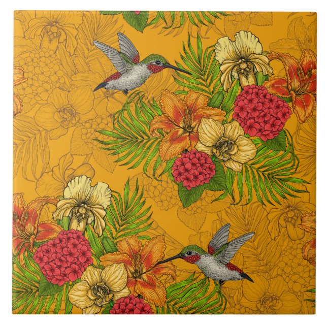 Carreau Bouquet tropical et colibris 2 (Devant)