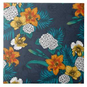 Carreau Bouquet tropical sur bleu