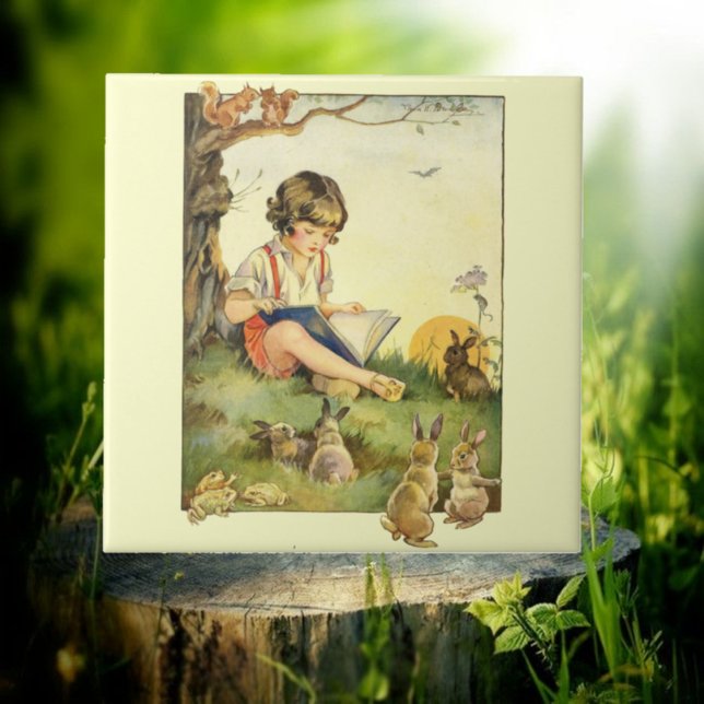 Carreau Boy reading under tree with rabbits (Créateur téléchargé)