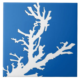 Carreau Branche de corail - blanc sur bleu cobalt