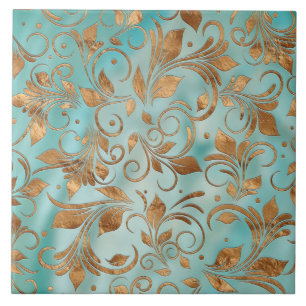 Carreau Branches à spirale dorée sur Turquoise léger