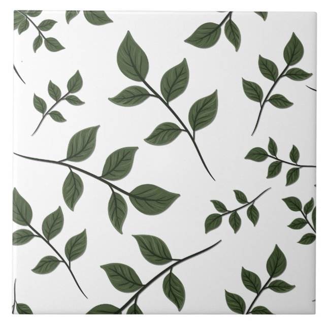 Carreau Branches de feuillage avec Feuilles verts en blanc (Devant)