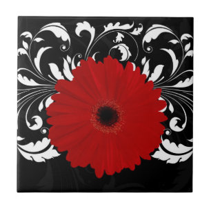 Carreau Bright Red Gerbera Daisy on Black