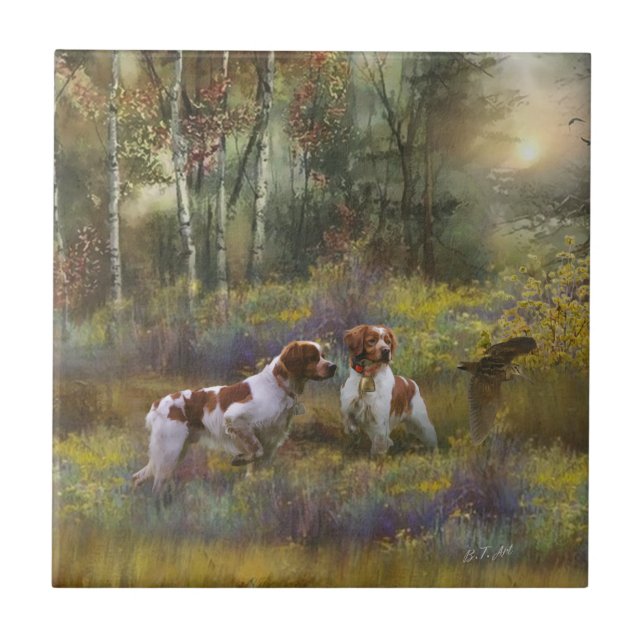 Carreau Brittany Spaniels, Chasse en bois, Art (Devant)