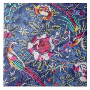 CARREAU BRODERIE CHINOISE DES ROSES ET DES OISEAUX