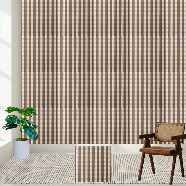 Carreau Brown et blanc À damiers En vichy Motif (Warm Brown and White Checkered Gingham Pattern Ceramic Tile)