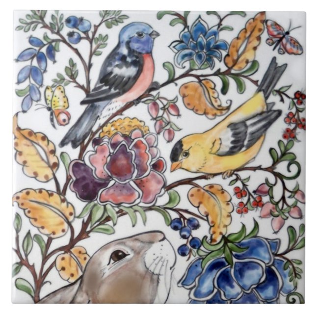 Carreau Brown lapin lapin Oiseau joli Floral Mural Haut (Devant)