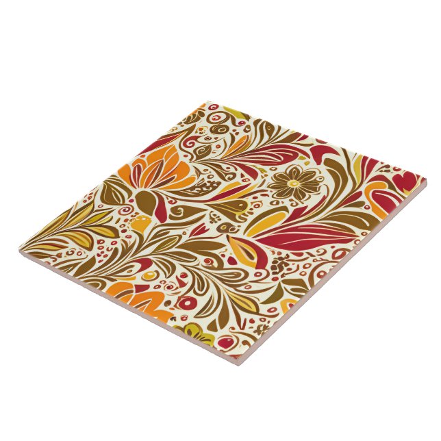 Carreau Brown Rouge Abstrait Botanique Floral Feuille Moti (Côté)