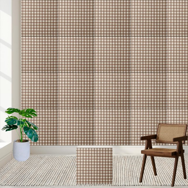 Carreau Brown rustique et blanc À damiers En vichy Motif (Rustic Brown and White Checkered Gingham Pattern Ceramic Tile)