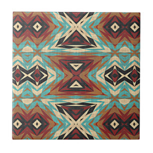 Carreau Brown Turquoise Bleu Vert Orange Ethnic Tribe Art