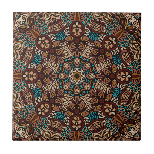 Carreau Brown, Turquoise et beige Terre Rustique Boho Mand (Devant)