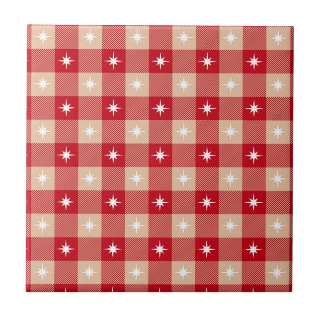 Carreau Buffle Rouge Tan Beige Plaid Étoiles Blanches Tend (Devant)