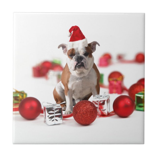 Carreau Bulldog boîte cadeau de Noël Ornements Red Santa C (Devant)