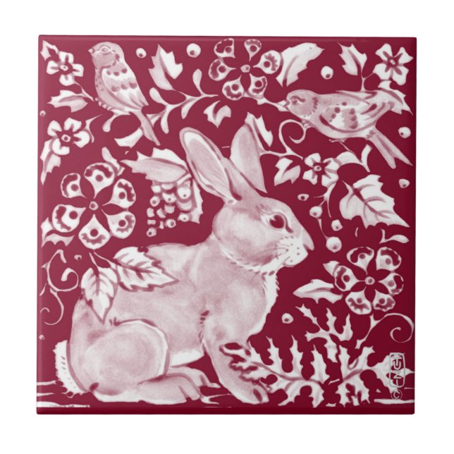 Carreau Burgundy Lapin Bunny Birds Floral Dedham Delft (Devant)